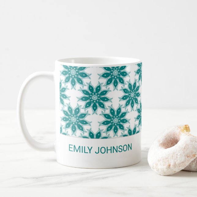 Mug fleurs turquoises nom personnalisé blanc (Avec donut)
