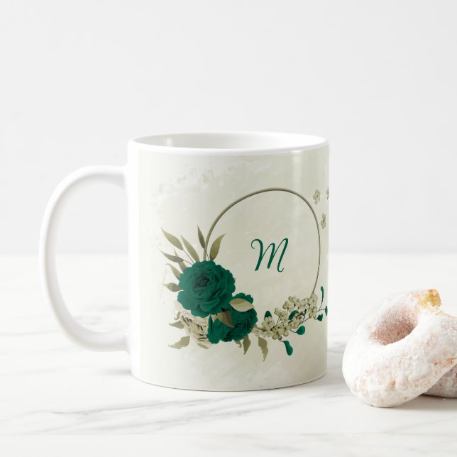 Mug fleurs vert émeraude beige  (Avec donut)