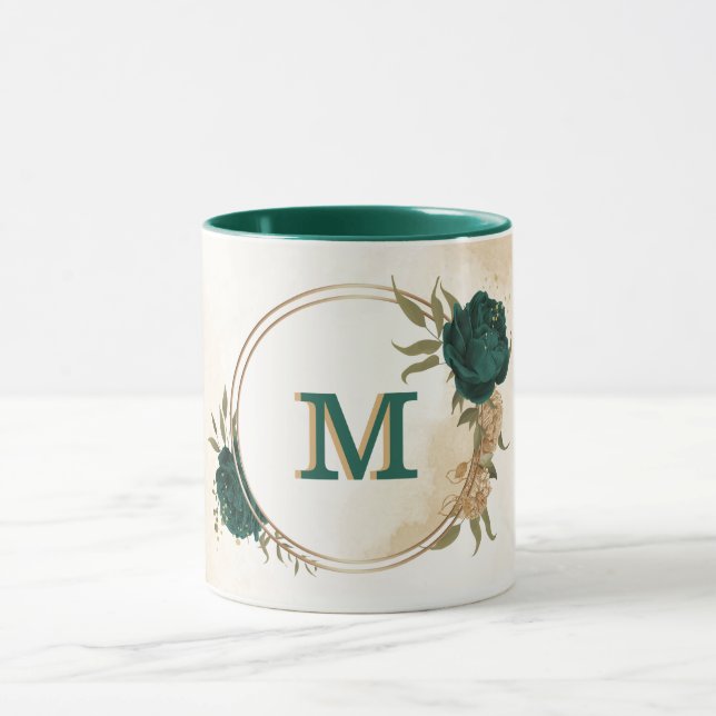Mug fleurs vert émeraude et or beige  (Centre)