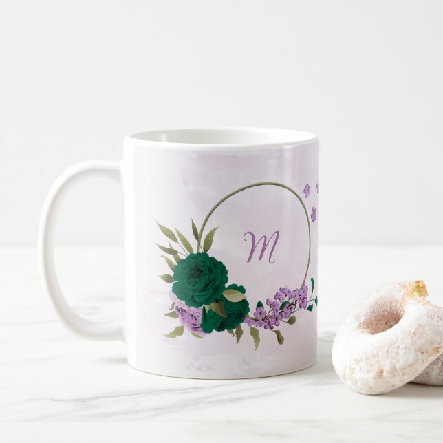 Mug fleurs vert émeraude violet  (Avec donut)