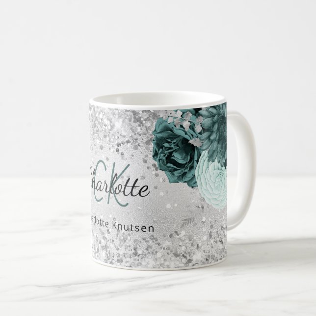 Mug Fleurs vertes d'argent élégant nom monogramme (Devant droit)