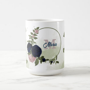 Mug fleurs vertes monogramme rose et bleu marine