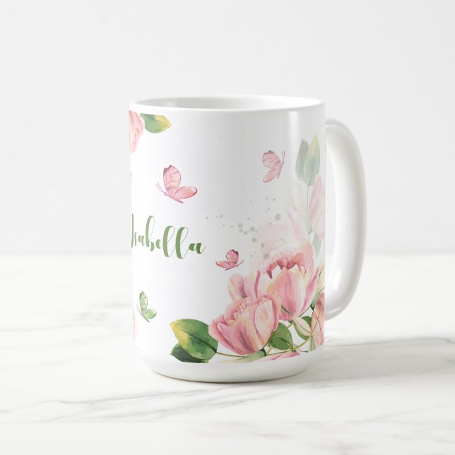 Mug fleurs vertes papillons rose chaud  (Devant droit)