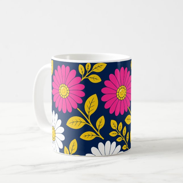 Mug Fleurs Vibrantes avec Marguerites et Feuilles Doré (Devant gauche)