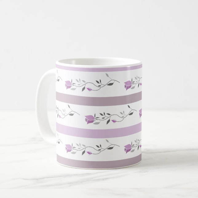 Mug Fleurs vintage motif rayé blanc beige rose  (Devant gauche)