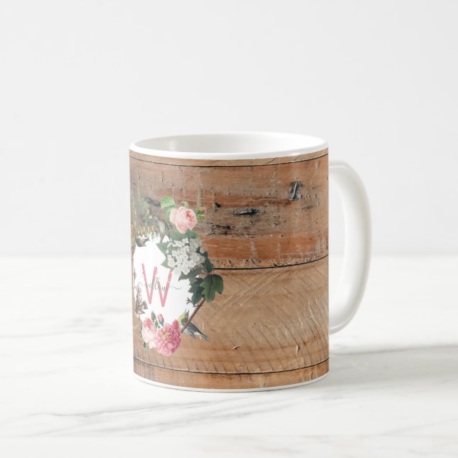 Mug Fleurs Vintages en bois rustique monogrammé (Devant droit)