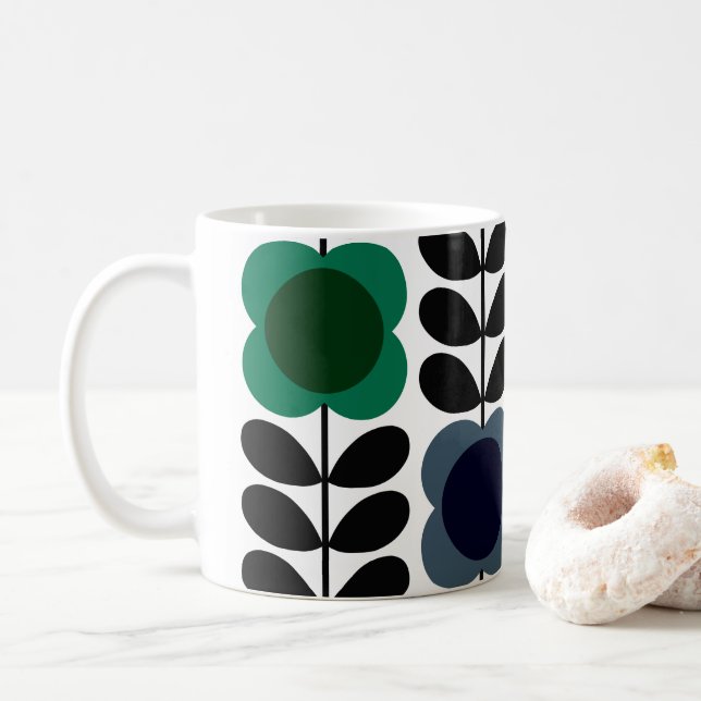 Mug Fleurs Vintages Retro Modernes Pierre, Vert Bleu (Avec donut)