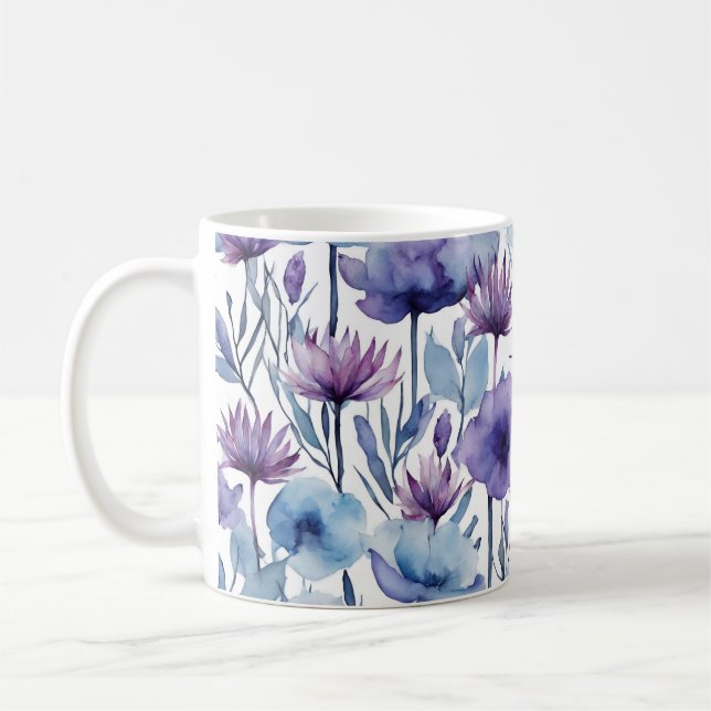 Mug Fleurs Violettes Et Bleues Aquarelle Design Floral (Gauche)