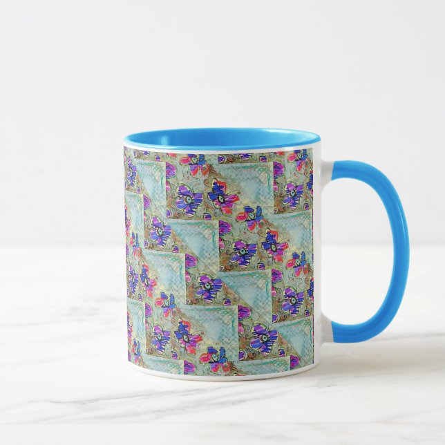 Mug Fleurs violettes et bleues Carrés Zigzags (Droite)