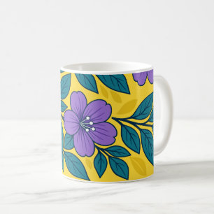 Mug Fleurs violettes et feuilles sarcelles sur fond ja