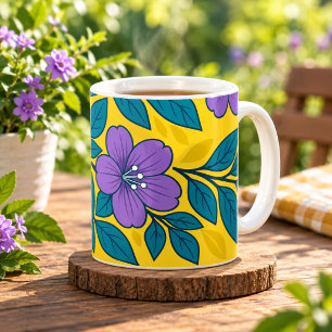 Mug Fleurs violettes et feuilles sarcelles sur fond ja