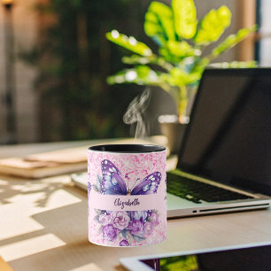 Mug Fleurs violettes roses papillon
