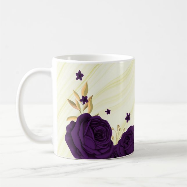 Mug fleurs violettes royales feuilles dorées marbre (Gauche)