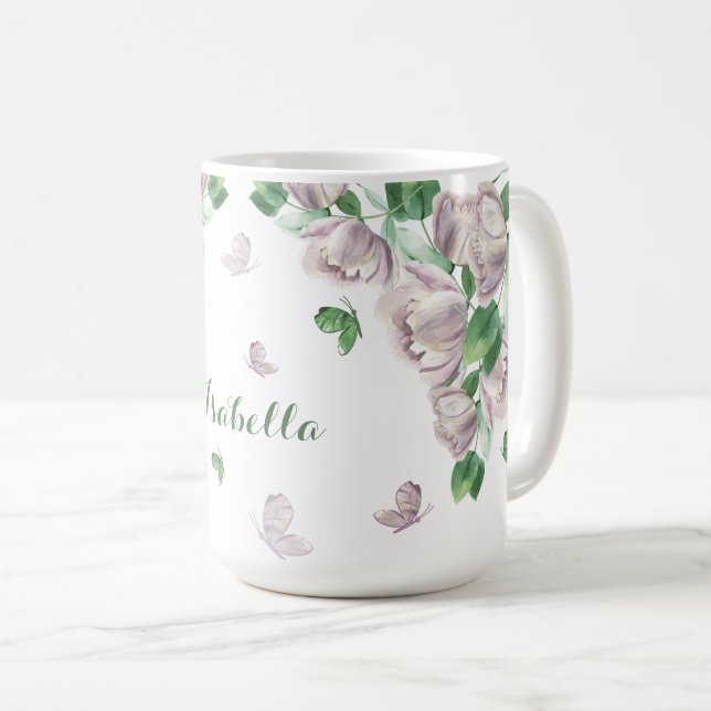 Mug fleurs violettes verdure papillons  (Devant droit)