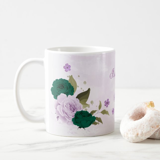 Mug fleurs violettes vert émeraude  (Avec donut)
