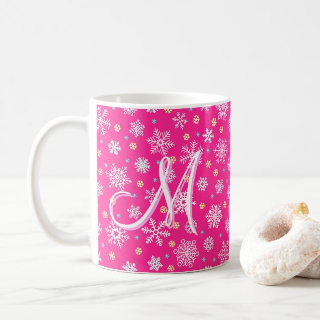 Mug Flocs de neige rose rose chaud rose moderne Monogr (Avec donut)