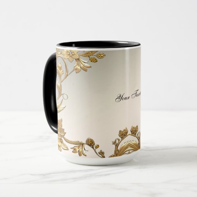 Mug Floral à Feuilles Ondulées Dorées (Devant gauche)