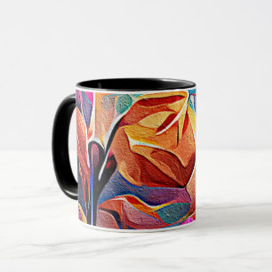 Mug Floral Abstract Art Orange Red Blue Flowers