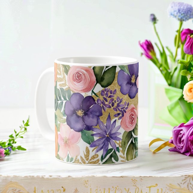 Mug floral aquarelle avec accents dorés (Créateur téléchargé)