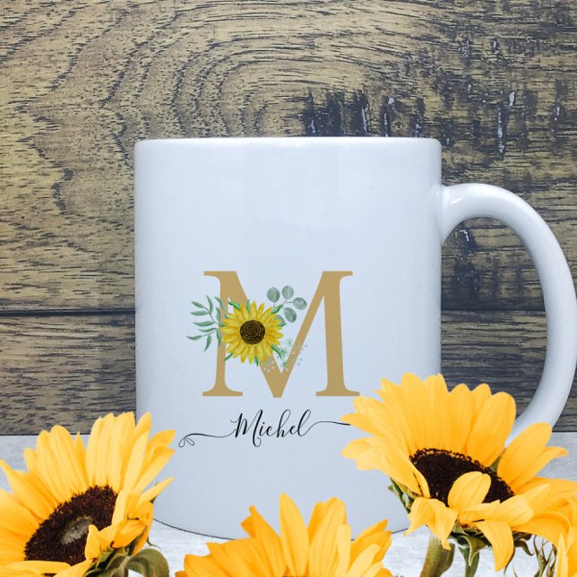 Mug Floral Aquarelle Fleurs de soleil Nom du monogramm (Créateur téléchargé)
