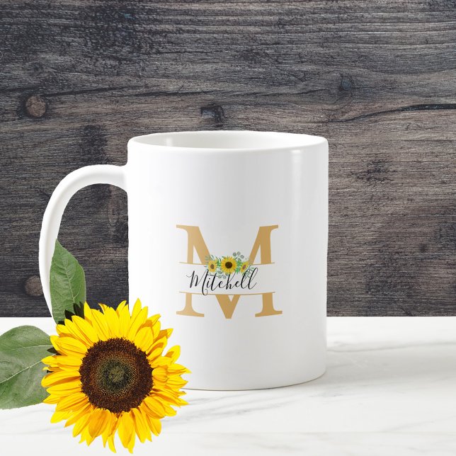 Mug Floral Aquarelle Fleurs de soleil Nom du monogramm (Créateur téléchargé)