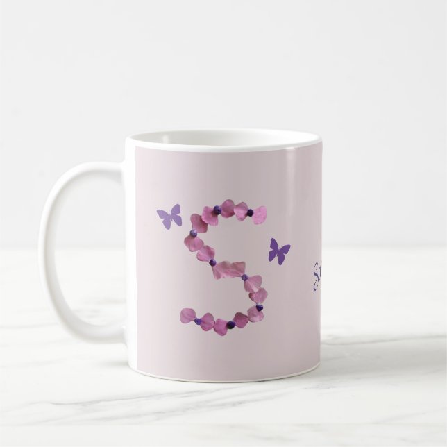 Mug Floral aux papillons Lettre S Monogramme artisanal (Gauche)