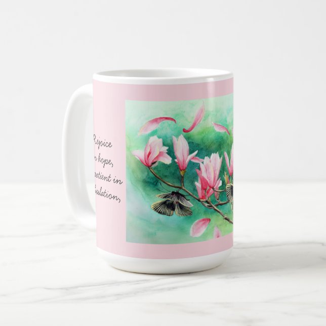 Mug Floral avec papillons, avec Verse Romans 12:12 (Devant gauche)