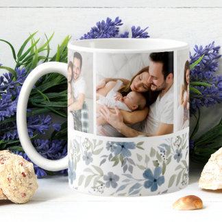 Mug Floral bleu et vert 4 Photo Collage personnalisé