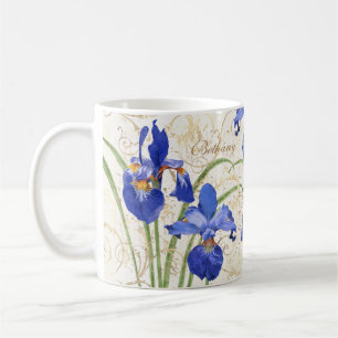 Mug Floral Blue Iris Gold Damask Nom du monogramme
