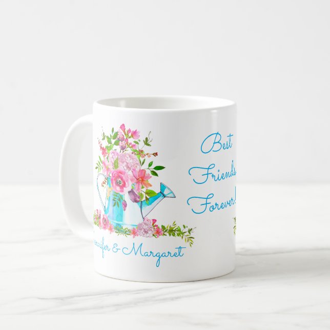 Mug Floral Blue Meilleurs Amis Personnalisé Dire BFF (Devant gauche)
