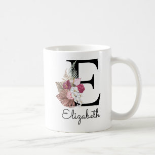 Mug Floral Boho rose moderne E initial