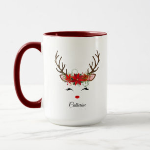 Mug Floral Christmas Reindeer Nom personnalisé