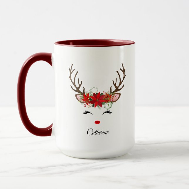 Mug Floral Christmas Reindeer Nom personnalisé (Gauche)