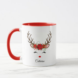 Mug Floral Christmas Reindeer Nom personnalisé