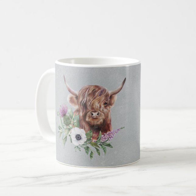 Mug Floral de vache Brown écossaise personnalisé (Devant gauche)