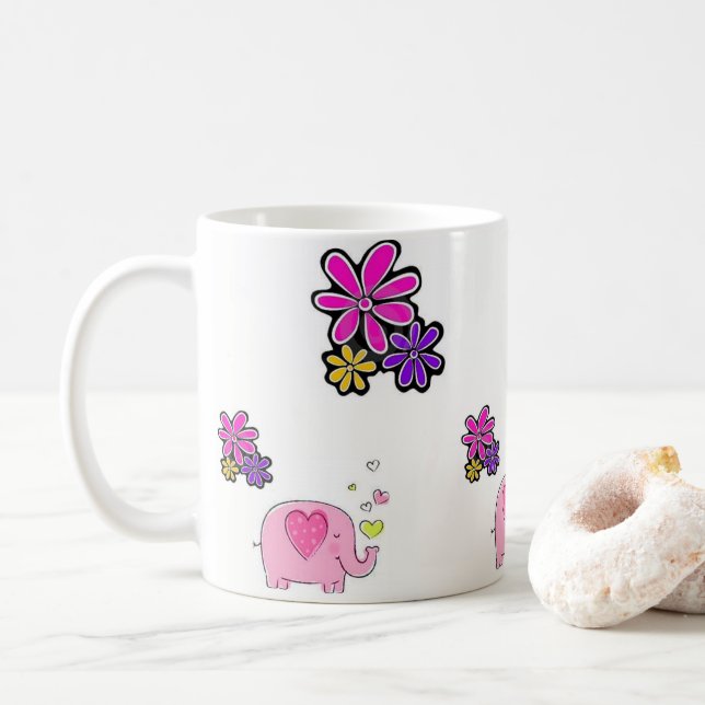 Mug floral d'éléphant rose (Avec donut)
