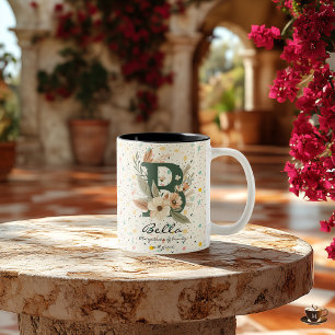 Mug Floral Élégant Bohème avec Monogramme pour Bel