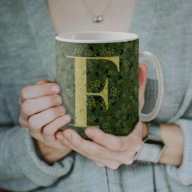 Mug Floral Elegant Classy Monogramme F vert avec phras (Créateur téléchargé)