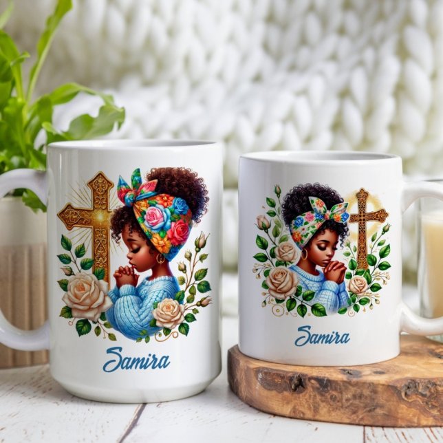 Mug Floral Gold Cross Christian Ethnic Praying Girl (Créateur téléchargé)