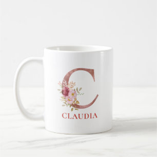 Mug Floral Initial Personnalisé Nom Élégant Monogramme