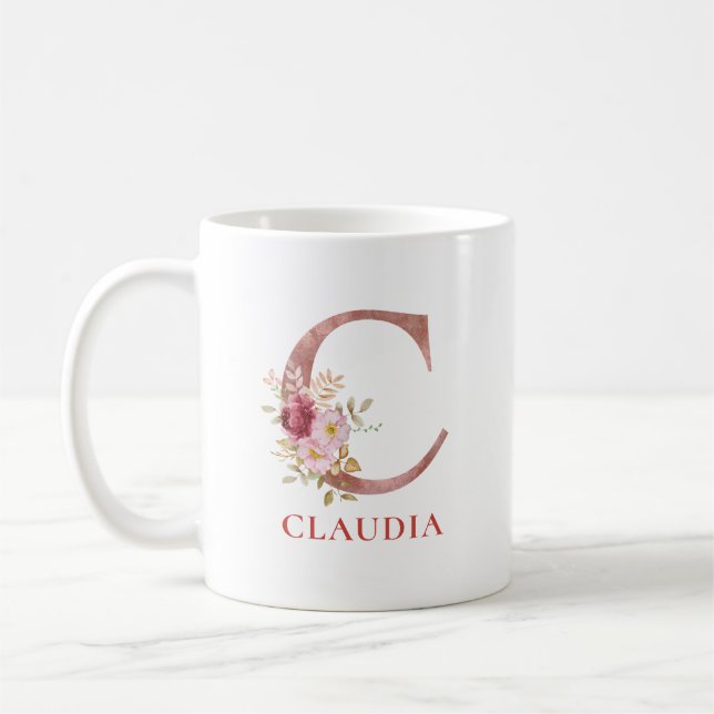 Mug Floral Initial Personnalisé Nom Élégant Monogramme (Gauche)