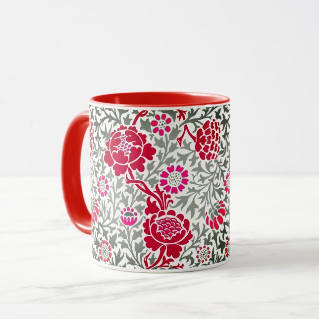 Mug Floral jacobéen, rouge profond, rose et gris (Devant gauche)