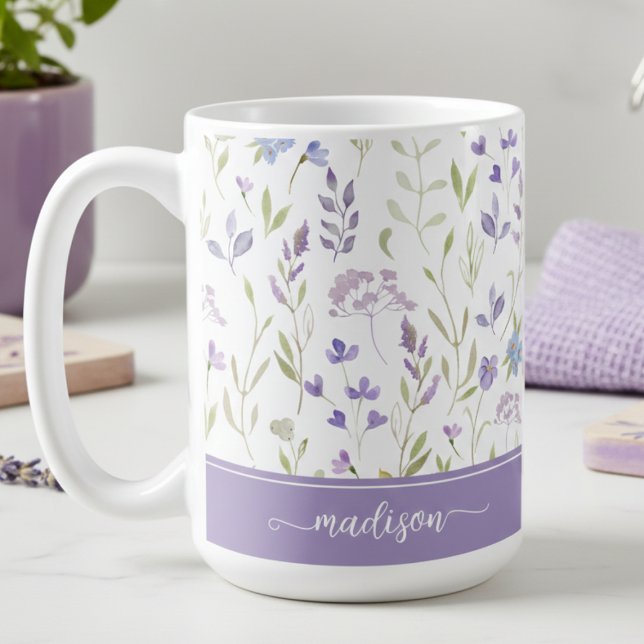 Mug floral lavande personnalisé (watercolor cottagecore lavender floral mug with custom name monogram, personalized gift for her)