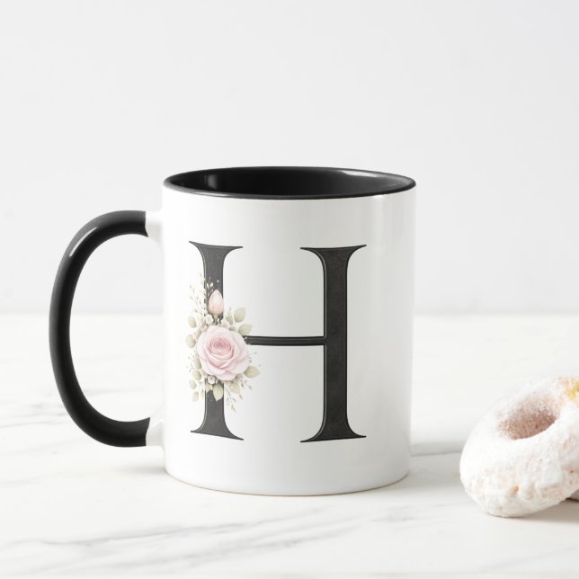 Mug Floral Letter H Monogram | Elegant Initial H Logo (Avec donut)