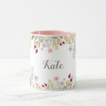 Mug Floral Luscieux Nom personnalisé Deux café en ton<br><div class="desc">Mug monogramme sur mesure avec florale d'aquarelle luxuriante avec monogramme de script de brosse.</div>