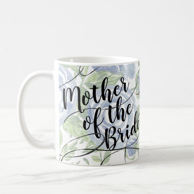 Mug Floral Mère de la mariée Rose bleu à script modern (Gauche)