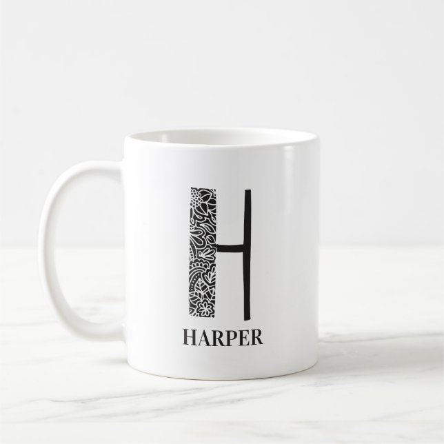 Mug Floral moderne noir et blanc initial (Gauche)