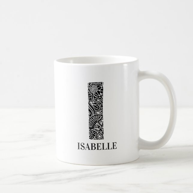Mug Floral moderne noir et blanc initial I et nom (Droite)