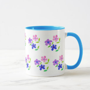 Mug Floral moderne, rose, bleu, mauve, vert sur blanc