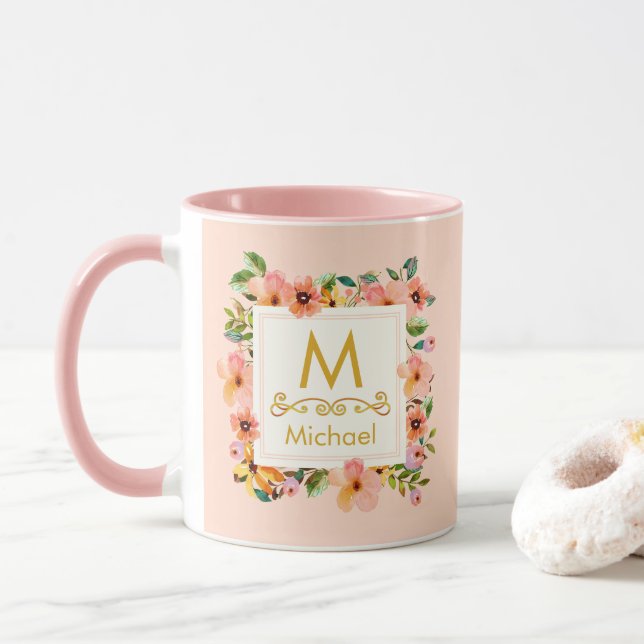 Mug Floral Monogram I Custom Name & Gold Initial Gift (Avec donut)